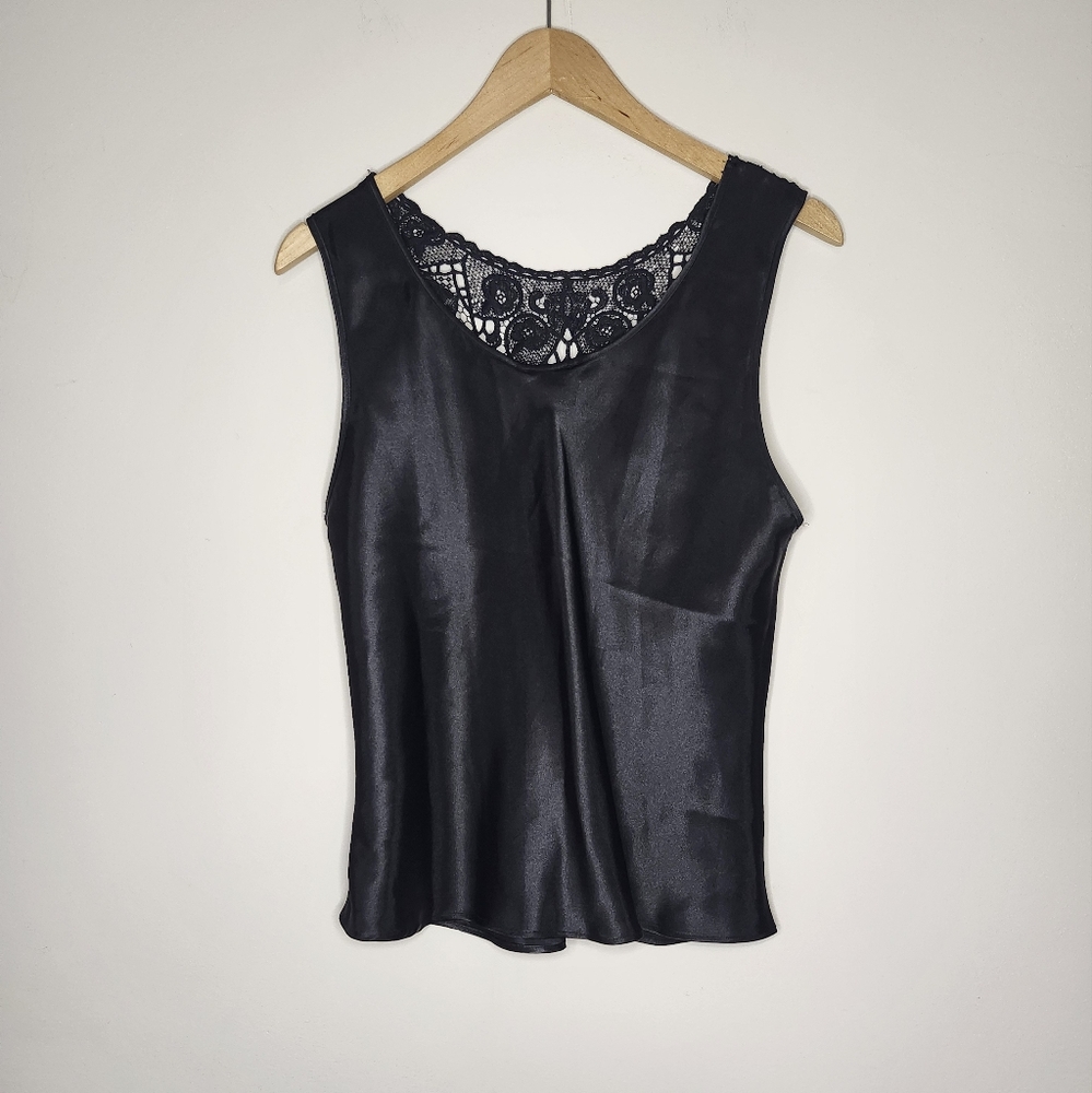 Black Satin Lace Tank Top Sleeveless Blouse Cami Elegant Dressy Women's - Picture 5 of 7